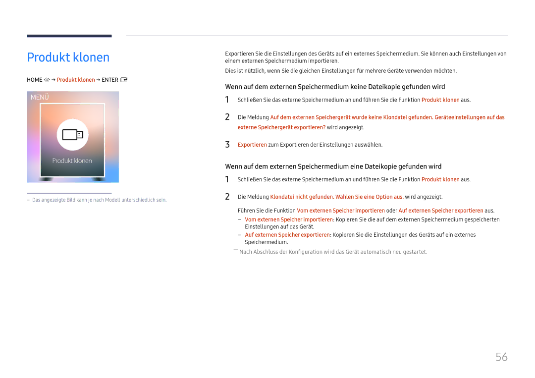 Samsung LH32OMHPWBC/EN manual Home → Produkt klonen → Enter E, Externe Speichergerät exportieren? wird angezeigt 