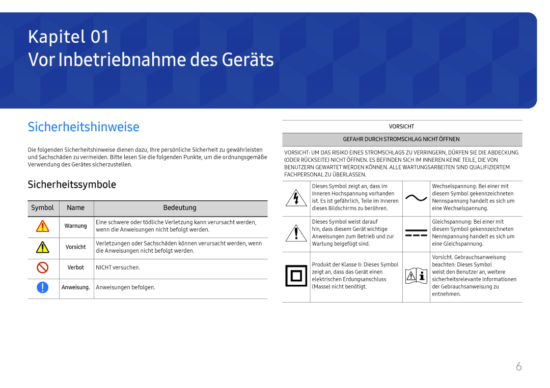 Samsung LH32OMHPWBC/EN manual Vor Inbetriebnahme des Geräts, Sicherheitshinweise, Sicherheitssymbole 