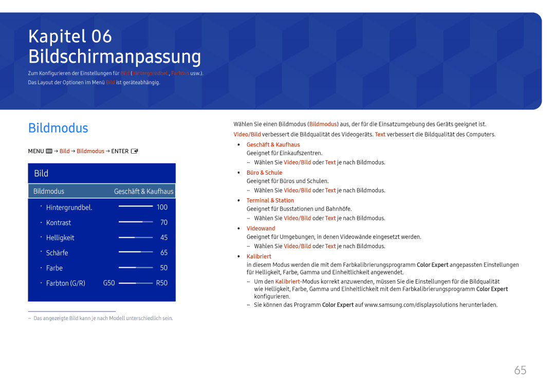 Samsung LH32OMHPWBC/EN manual Bildschirmanpassung, Menu m → Bild → Bildmodus → Enter E 