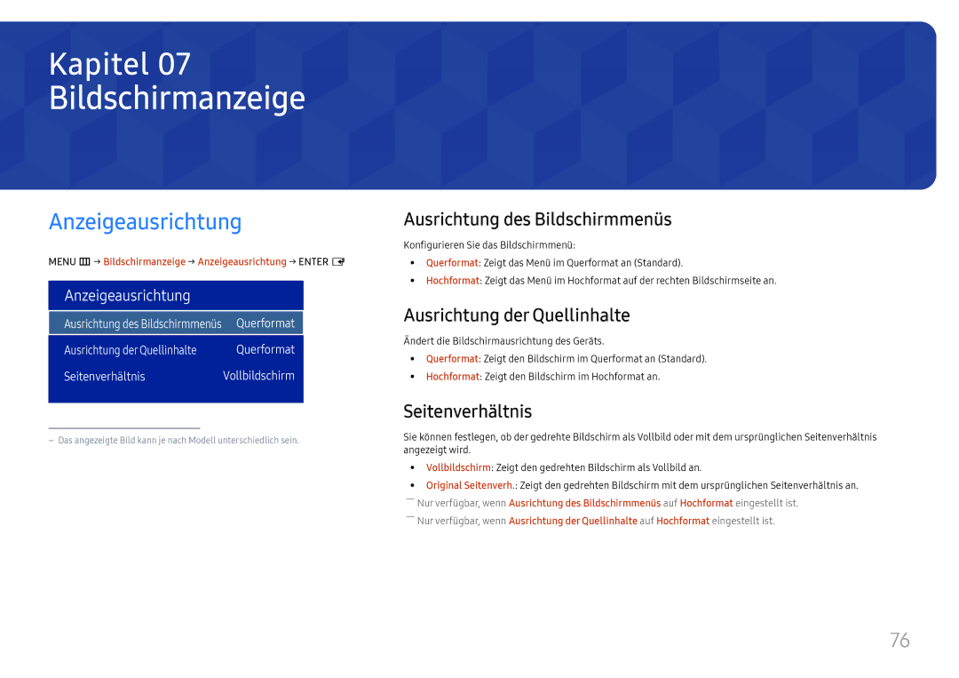 Samsung LH32OMHPWBC/EN manual Bildschirmanzeige, Anzeigeausrichtung, Ausrichtung des Bildschirmmenüs, Seitenverhältnis 