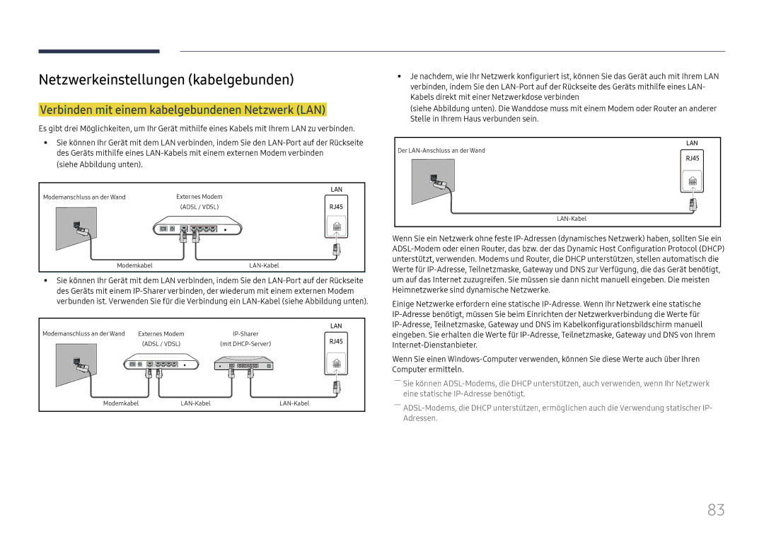 Samsung LH32OMHPWBC/EN manual Netzwerkeinstellungen kabelgebunden, Verbinden mit einem kabelgebundenen Netzwerk LAN 