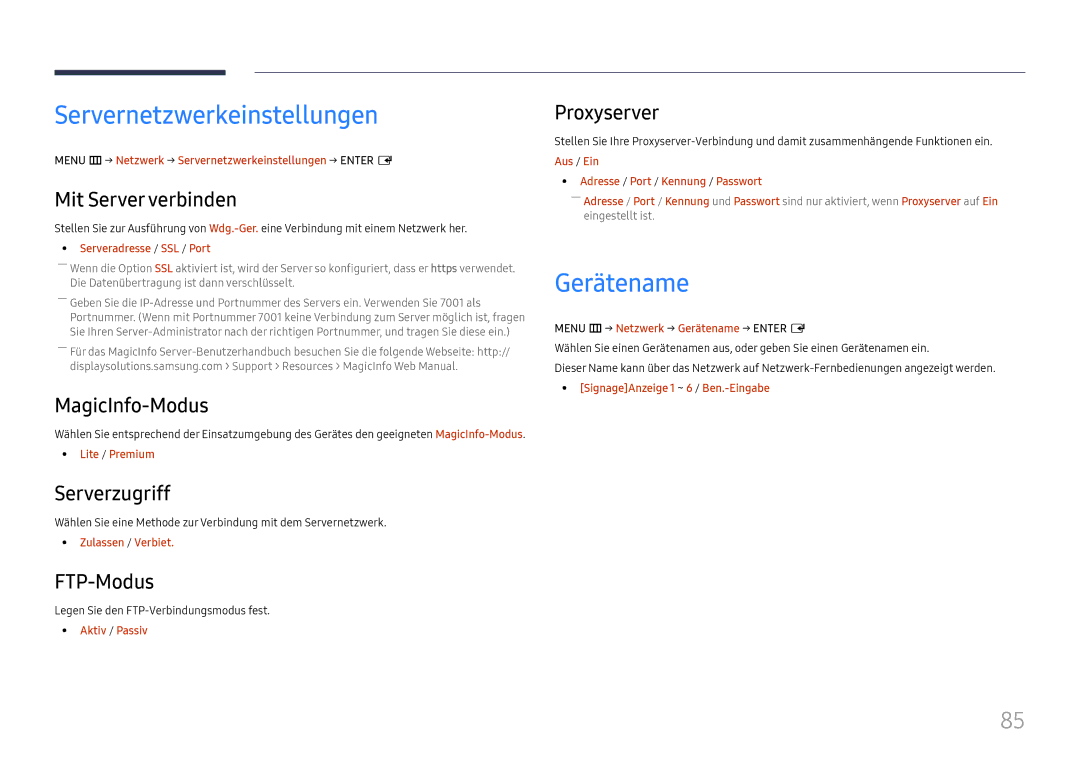 Samsung LH32OMHPWBC/EN manual Servernetzwerkeinstellungen, Gerätename 