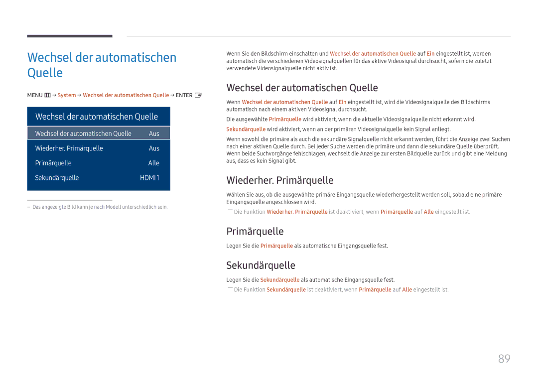 Samsung LH32OMHPWBC/EN manual Wechsel der automatischen Quelle, Wiederher. Primärquelle, Sekundärquelle 