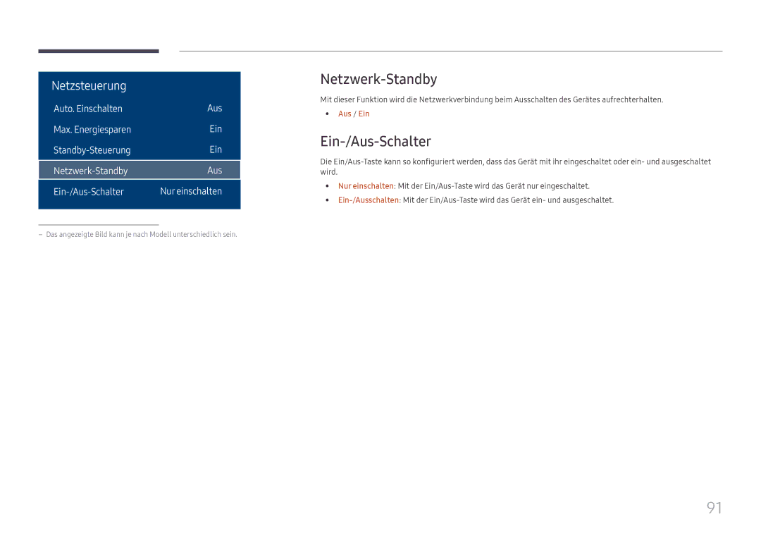 Samsung LH32OMHPWBC/EN manual Netzwerk-Standby, Ein-/Aus-Schalter 