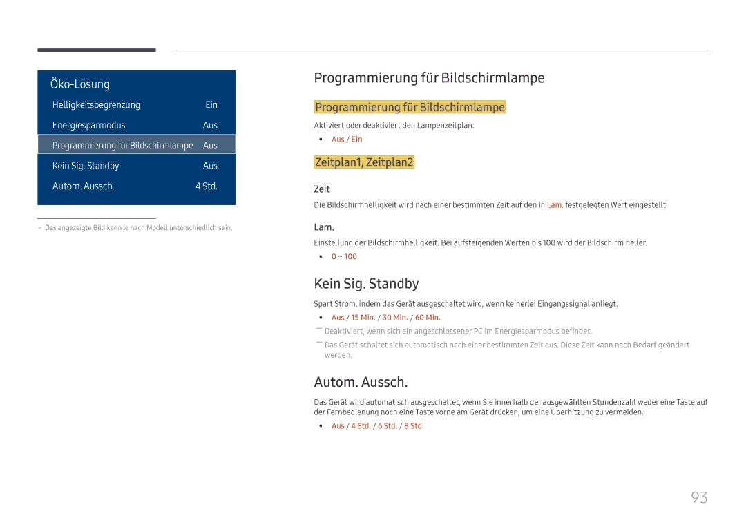 Samsung LH32OMHPWBC/EN manual Programmierung für Bildschirmlampe, Kein Sig. Standby, Autom. Aussch, Zeitplan1, Zeitplan2 