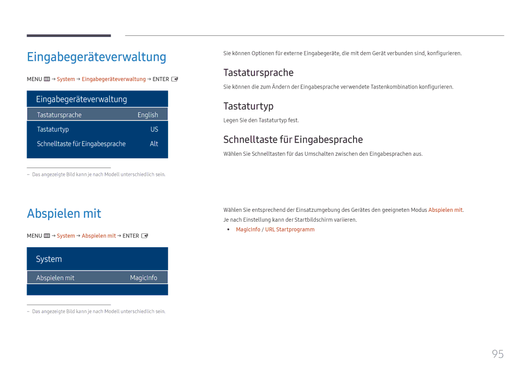 Samsung LH32OMHPWBC/EN manual Eingabegeräteverwaltung, Abspielen mit, Tastatursprache, Tastaturtyp 