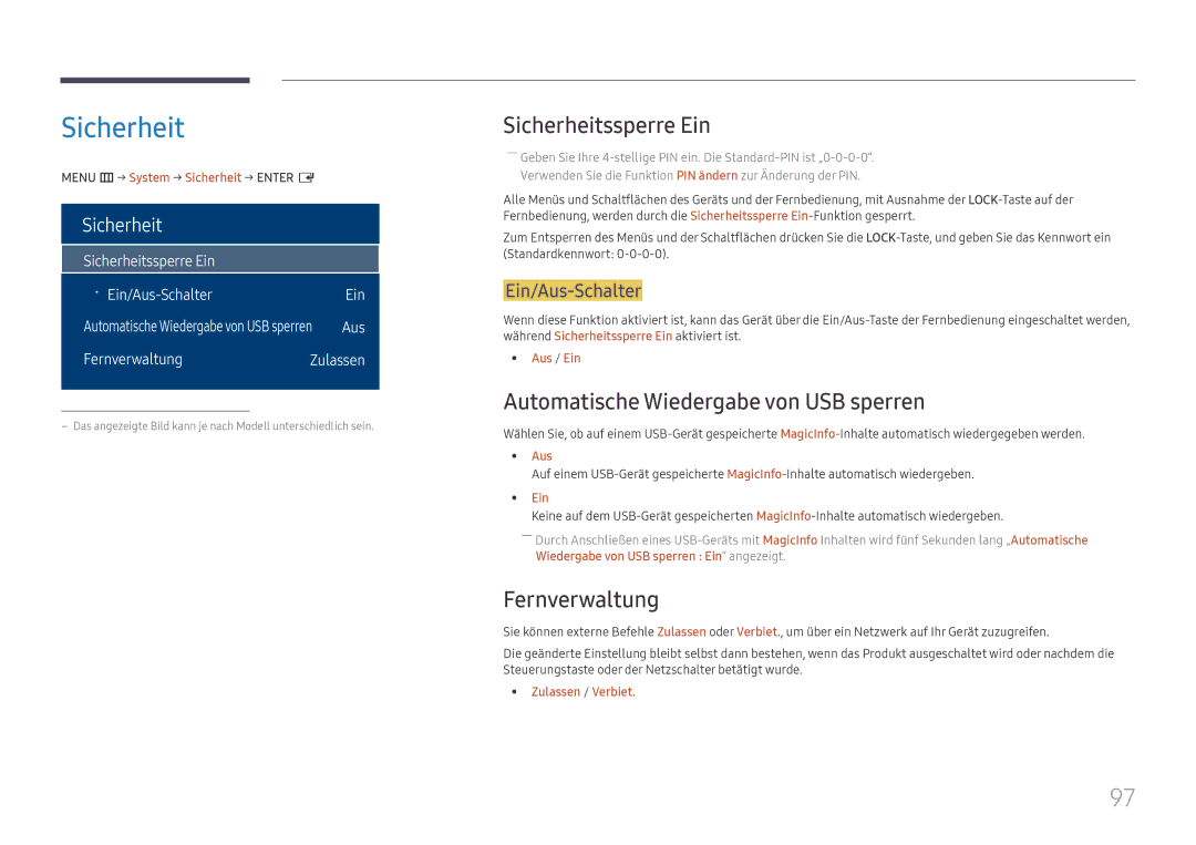 Samsung LH32OMHPWBC/EN manual Sicherheitssperre Ein, Automatische Wiedergabe von USB sperren, Fernverwaltung 