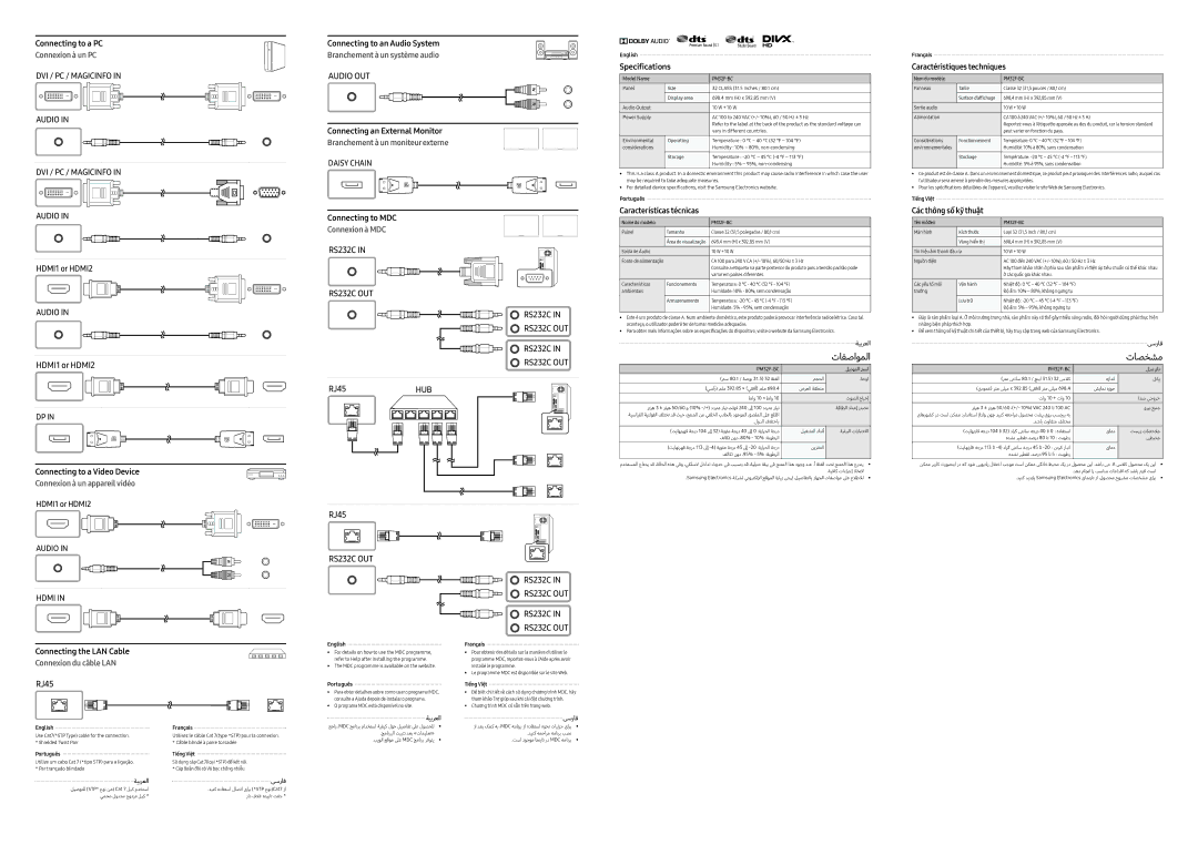 Samsung LH32PMFXTBC/UE manual Connecting to MDC, Specifications, Características técnicas, Caractéristiques techniques 