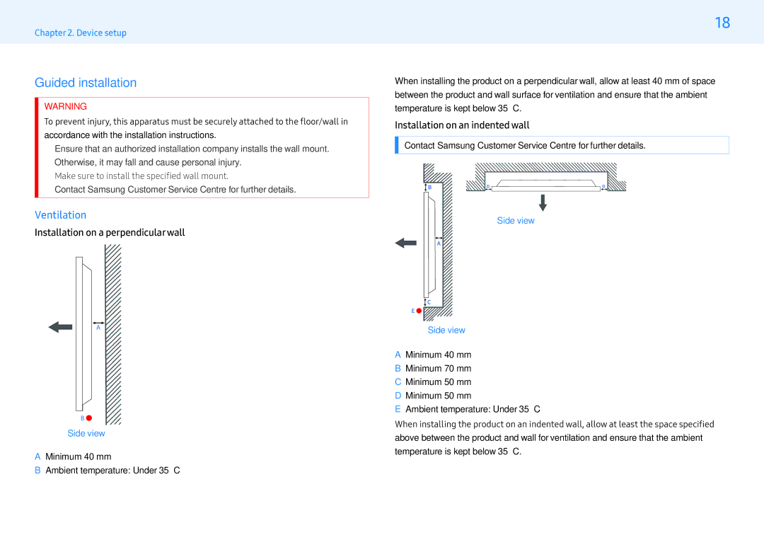 Samsung LH32PMFXTBC/XV, LH32PMFXTBC/UE manual Guided installation, Ventilation, Installation on a perpendicularwall 