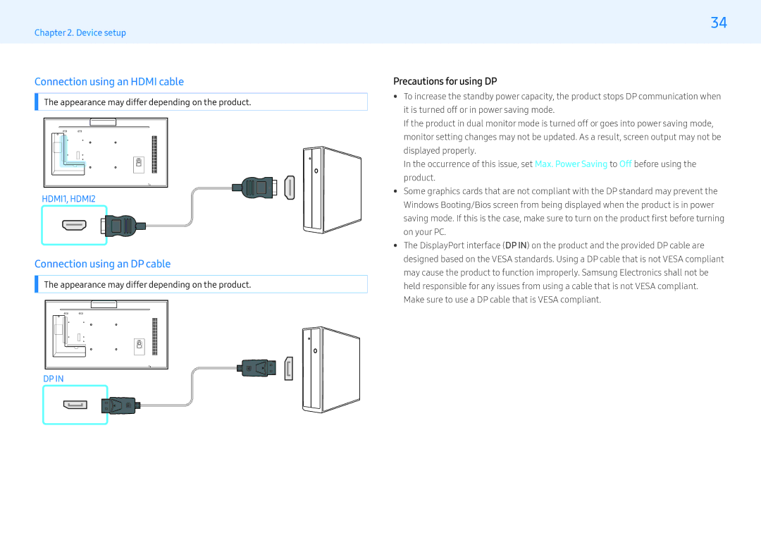 Samsung LH32PMFXTBC/CH manual Connection using an Hdmi cable, Connection using an DP cable, Precautions for using DP 