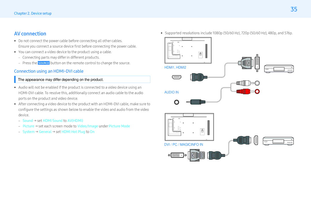 Samsung LH32PMFXTBC/UE, LH43PMFXTBC/UE, LH55PMFXTBC/UE, LH55PMFXTBC/XV AV connection, ‒‒ Sound → set Hdmi Sound to Avhdmi 