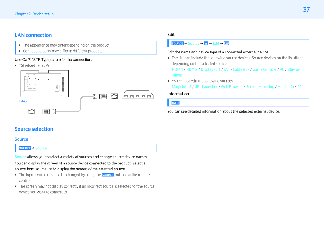 Samsung LH55PMFXTBC/UE, LH32PMFXTBC/UE, LH43PMFXTBC/UE, LH55PMFXTBC/XV LAN connection, Source selection, Edit, Information 