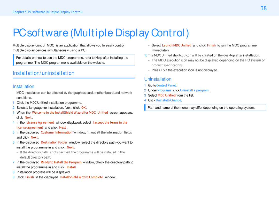 Samsung LH55PMFXTBC/XV, LH32PMFXTBC/UE PC software Multiple Display Control, Installation/uninstallation, Uninstallation 