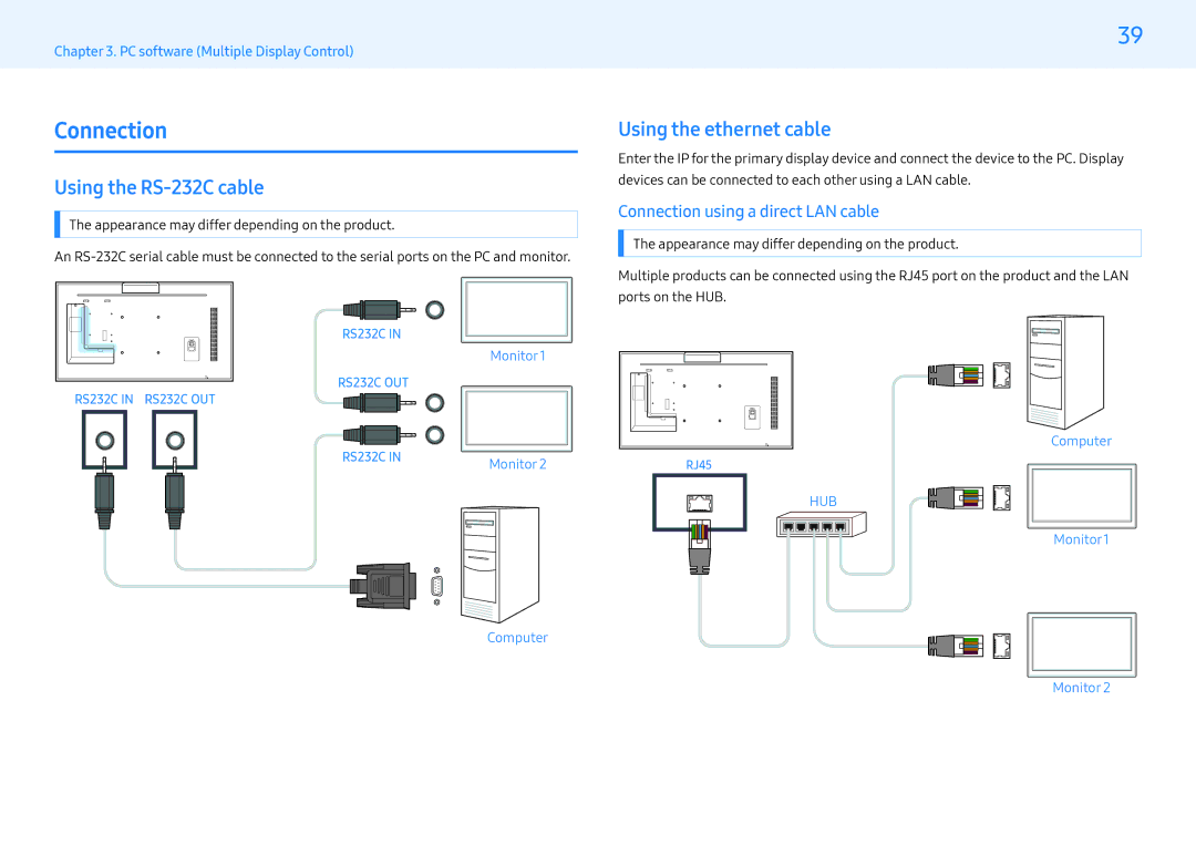 Samsung LH32PMFXTBC/XV manual Using the RS-232C cable, Using the ethernet cable, Connection using a direct LAN cable 