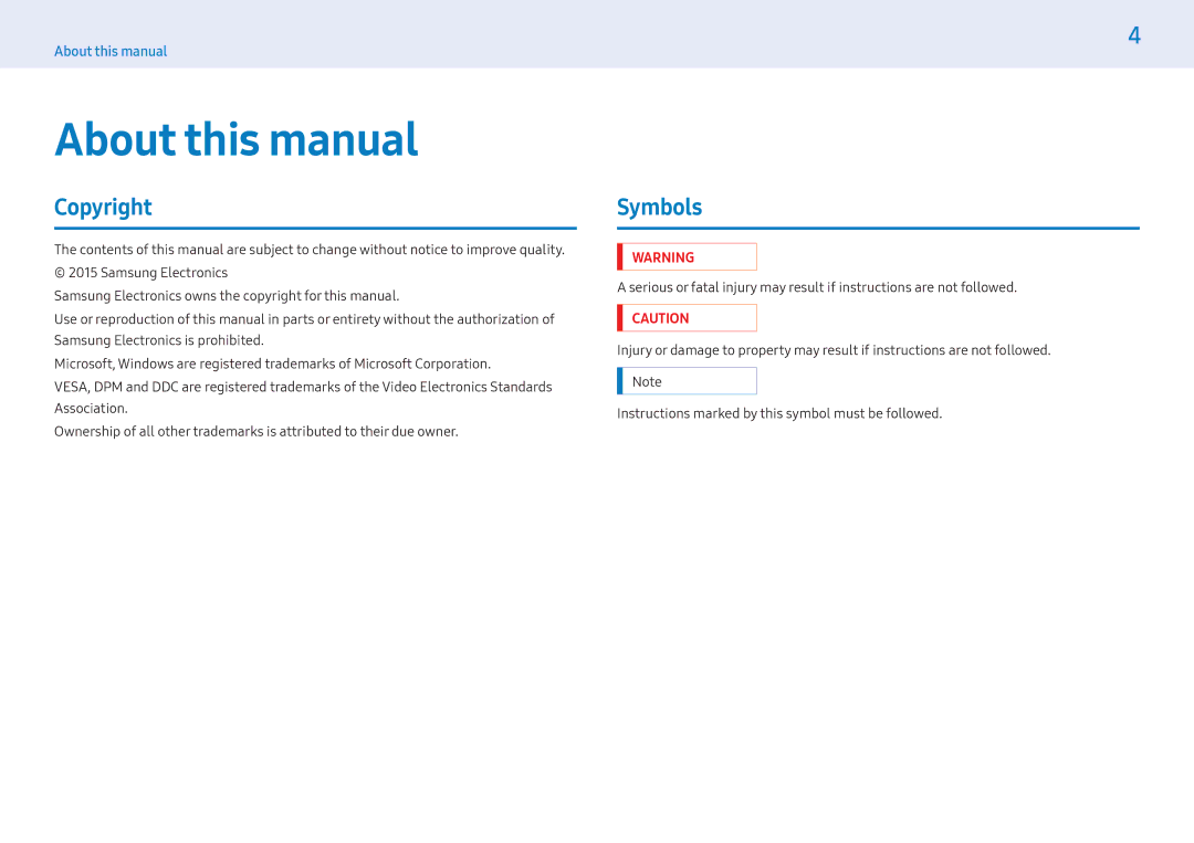 Samsung LH32PMFXTBC/XV, LH32PMFXTBC/UE, LH43PMFXTBC/UE, LH55PMFXTBC/UE, LH55PMFXTBC/XV About this manual, Copyright, Symbols 