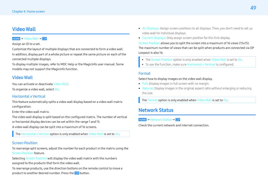 Samsung LH32PMFXTBC/UE, LH43PMFXTBC/UE, LH55PMFXTBC/UE, LH55PMFXTBC/XV, LH32PMFXTBC/XV manual Video Wall, Network Status 