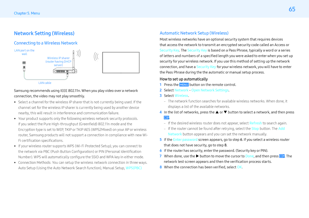 Samsung LH55PMFXTBC/UE manual Network Setting Wireless, Connecting to a Wireless Network, Automatic Network Setup Wireless 