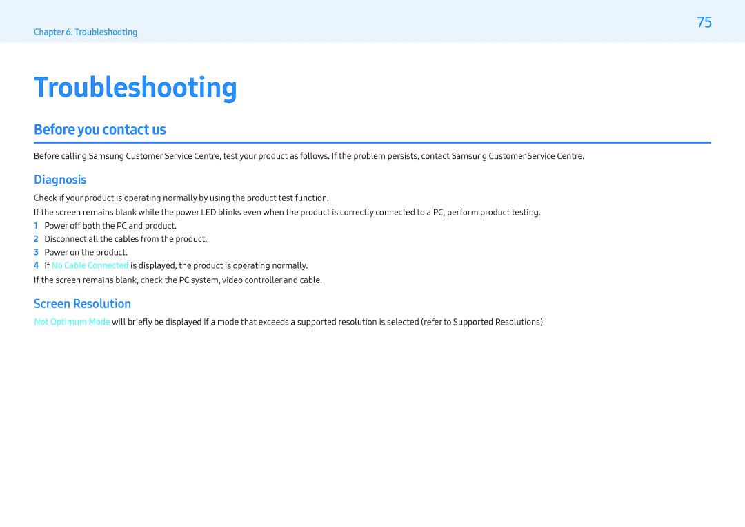 Samsung LH55PMFXTBC/CH, LH32PMFXTBC/UE, LH43PMFXTBC/UE Troubleshooting, Before you contact us, Diagnosis, Screen Resolution 