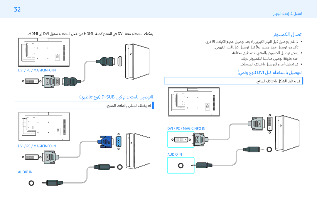 Samsung LH55PMFXTBC/UE manual رتويبمكلا لاصتا, يرظانت عون D-Sub لبك مادختساب ليصوتلا, يمقر عون Dvi لبك مادختساب ليصوتلا 