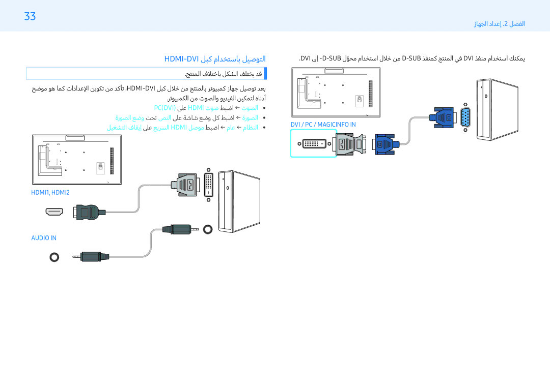 Samsung LH32PMFXTBC/UE, LH43PMFXTBC/UE, LH55PMFXTBC/UE manual Hdmi-Dvi لبك مادختساب ليصوتلا, HDMI1, HDMI2 Audio 