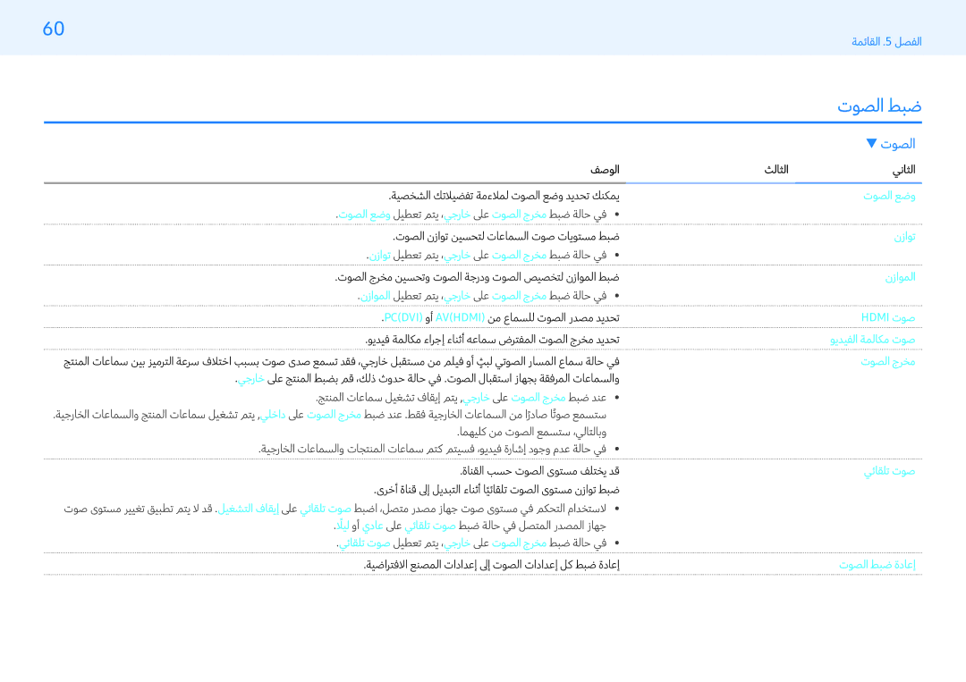 Samsung LH32PMFXTBC/UE, LH43PMFXTBC/UE, LH55PMFXTBC/UE توصلا طبض, ﻿الصوت, توصلا نزاوت نيسحتل تاعامسلا توص تايوتسم طبض توازن 