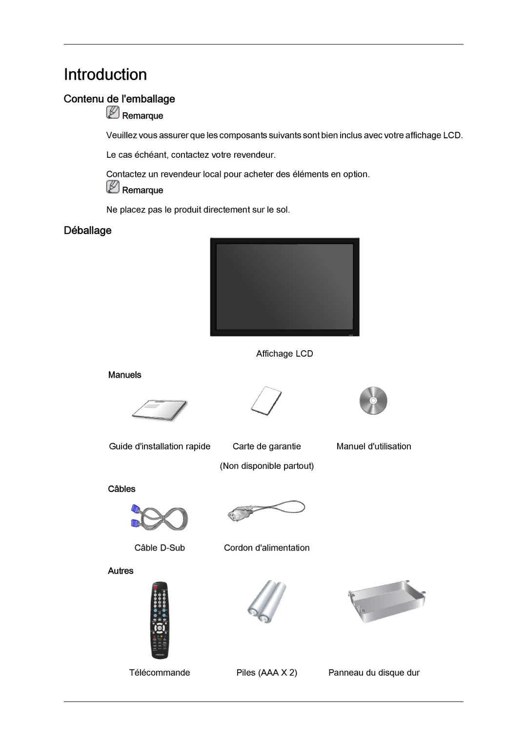 Samsung LH32TCTMBC/EN manual Contenu de lemballage, Déballage, Manuels, Câbles, Autres 