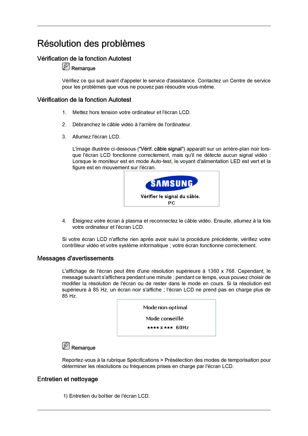 Samsung LH32TCTMBC/EN manual Vérification de la fonction Autotest, Messages davertissements, Entretien et nettoyage 