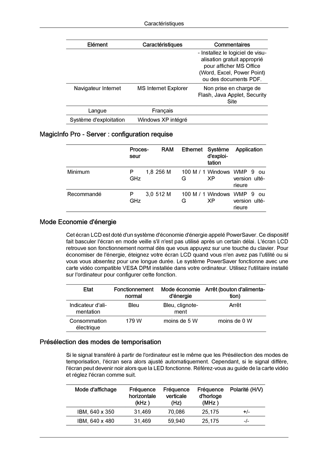 Samsung LH32TCTMBC/EN manual MagicInfo Pro Server configuration requise, Mode Economie dénergie, Proces 