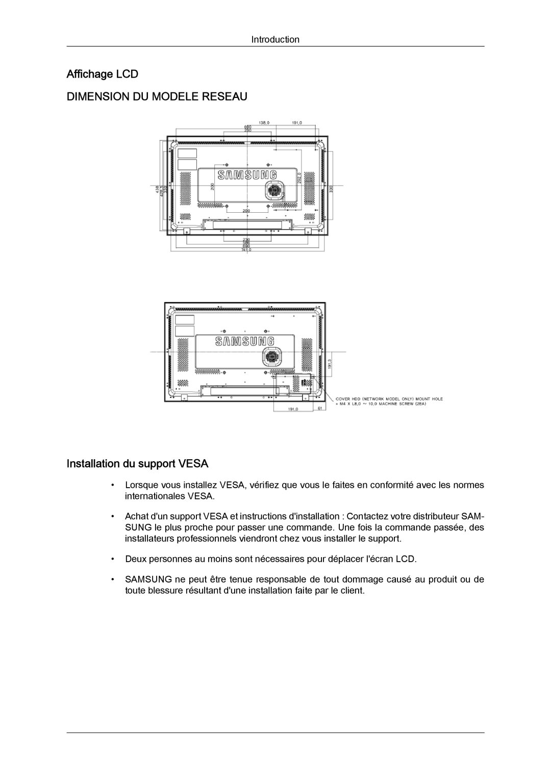 Samsung LH32TCTMBC/EN manual Affichage LCD, Installation du support Vesa 