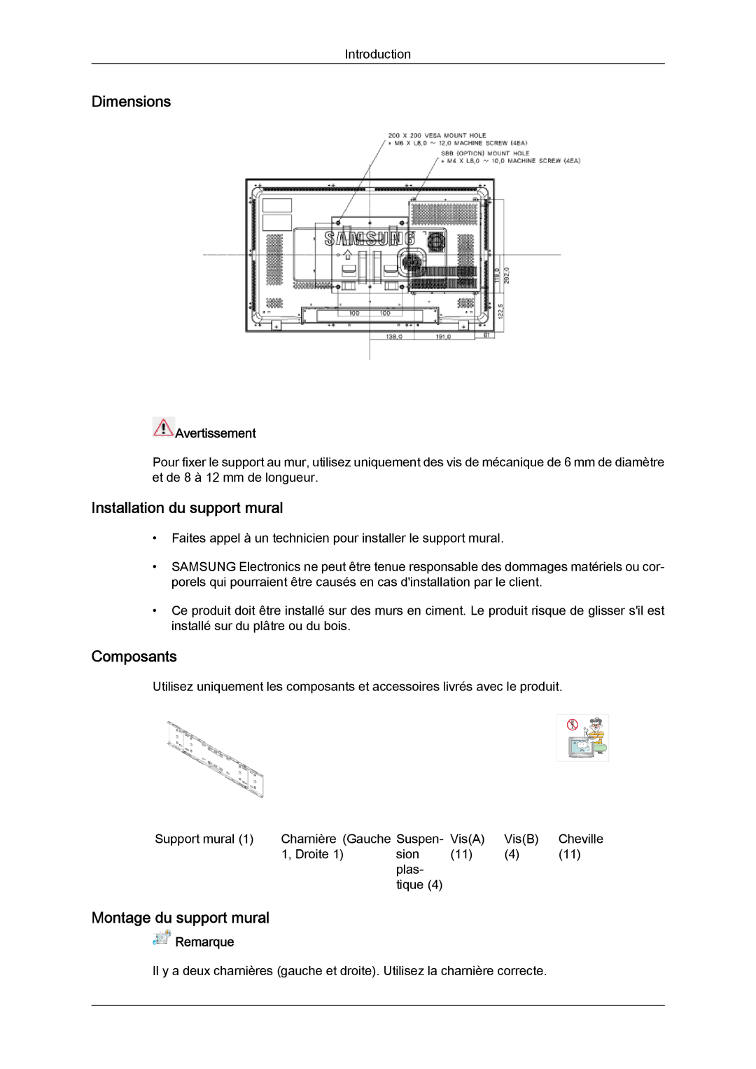 Samsung LH32TCTMBC/EN manual Dimensions, Installation du support mural, Composants, Montage du support mural, Avertissement 