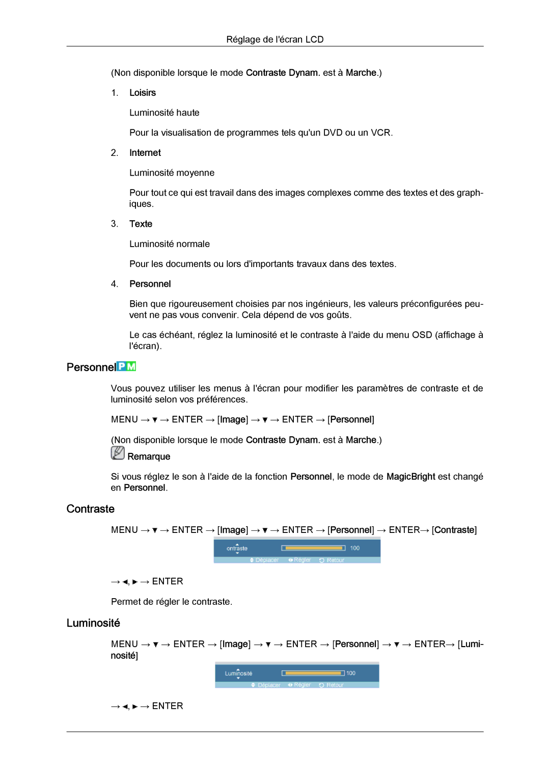 Samsung LH32TCTMBC/EN manual Personnel, Contraste, Luminosité 