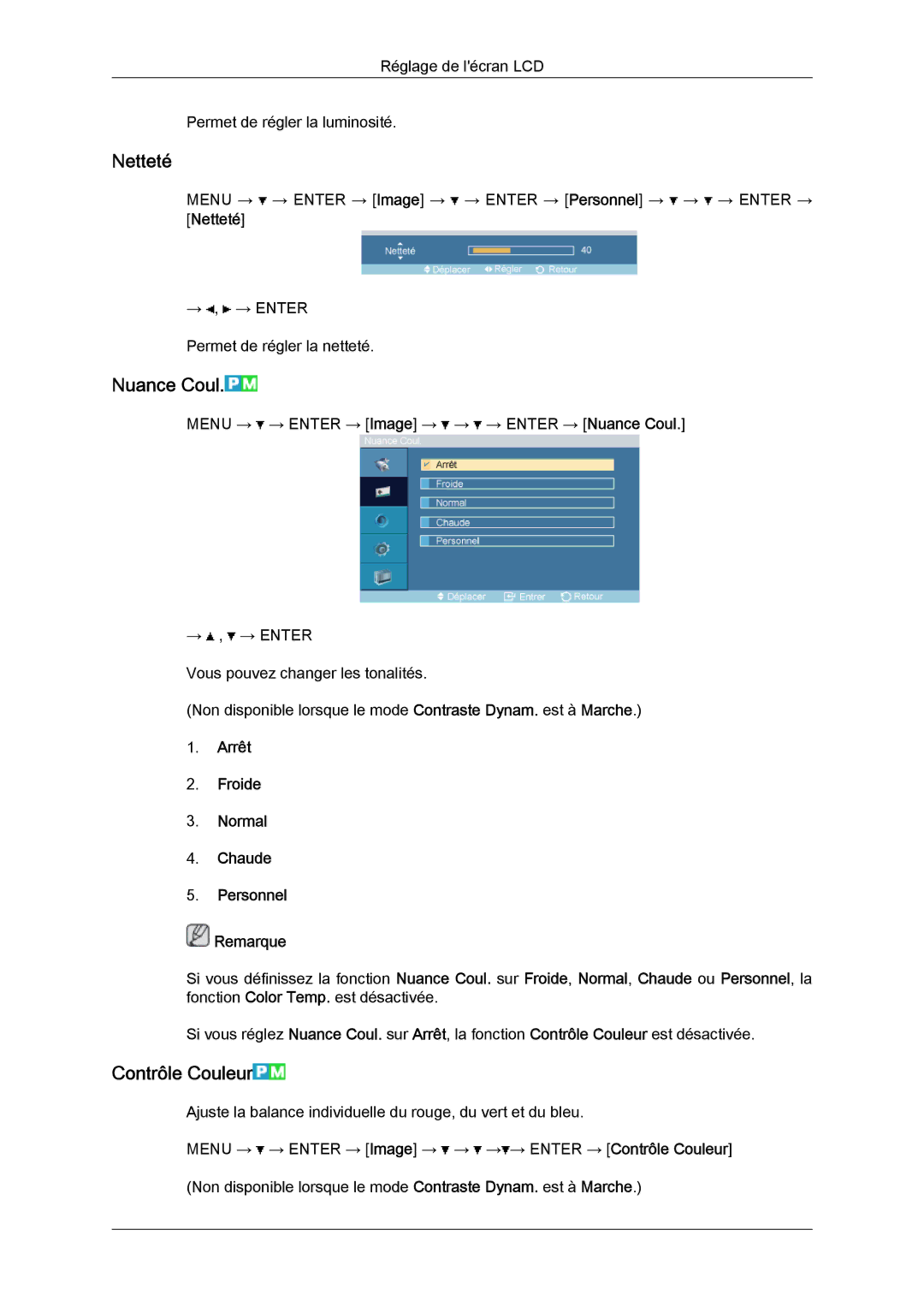 Samsung LH32TCTMBC/EN manual Netteté, Nuance Coul, Contrôle Couleur, Arrêt Froide Normal Chaude Personnel Remarque 