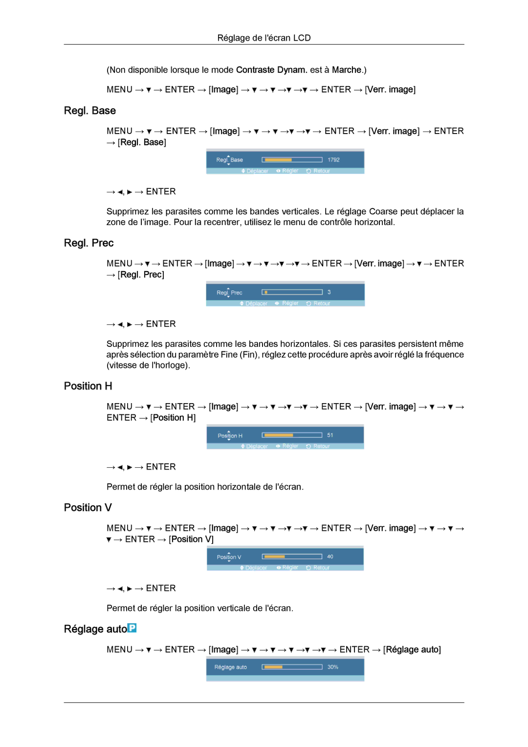 Samsung LH32TCTMBC/EN manual Regl. Base, Regl. Prec, Position H, Réglage auto 