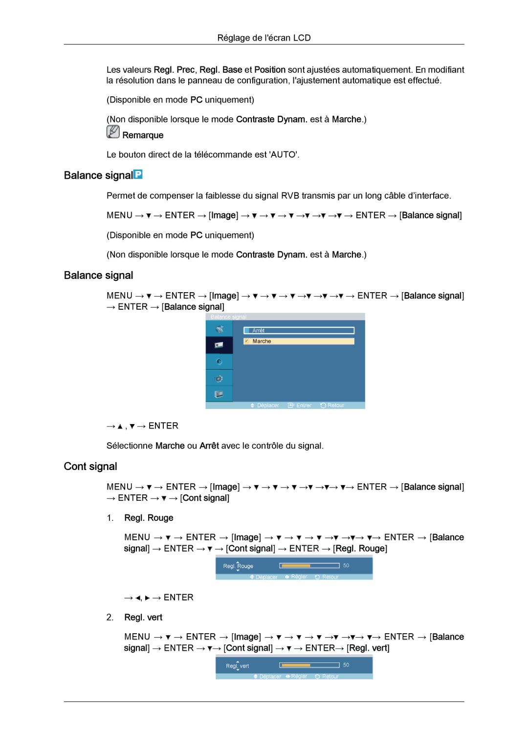 Samsung LH32TCTMBC/EN manual Signal, → Enter → Balance signal, → Enter → → Cont signal Regl. Rouge, Regl. vert 