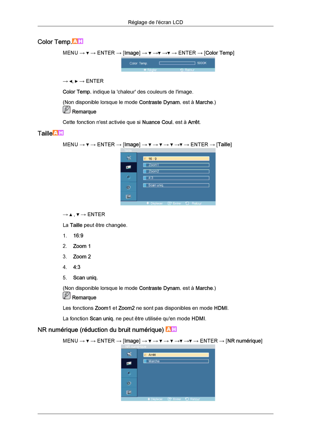 Samsung LH32TCTMBC/EN manual NR numérique réduction du bruit numérique, Zoom Scan uniq 