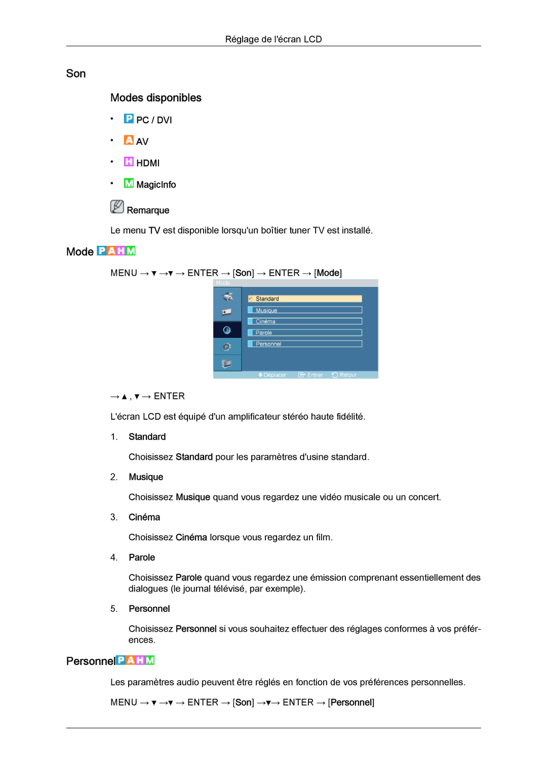 Samsung LH32TCTMBC/EN manual Son Modes disponibles, Musique, Parole 