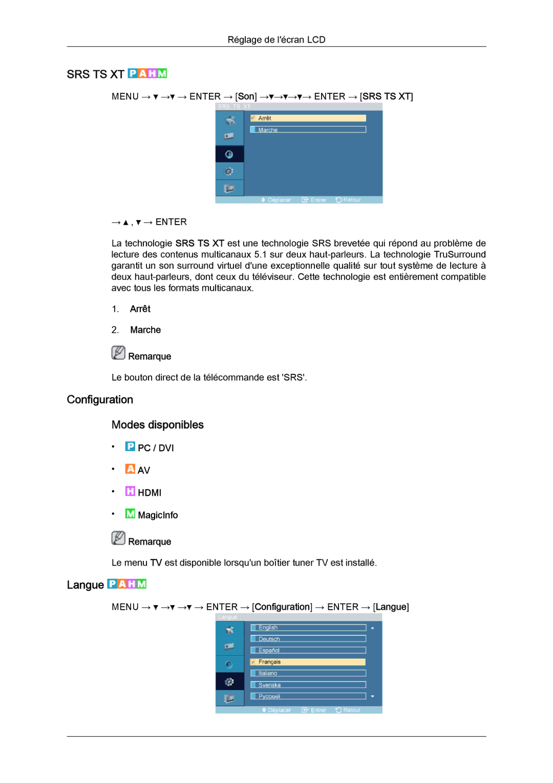 Samsung LH32TCTMBC/EN manual Configuration Modes disponibles, Langue, Arrêt Marche Remarque 