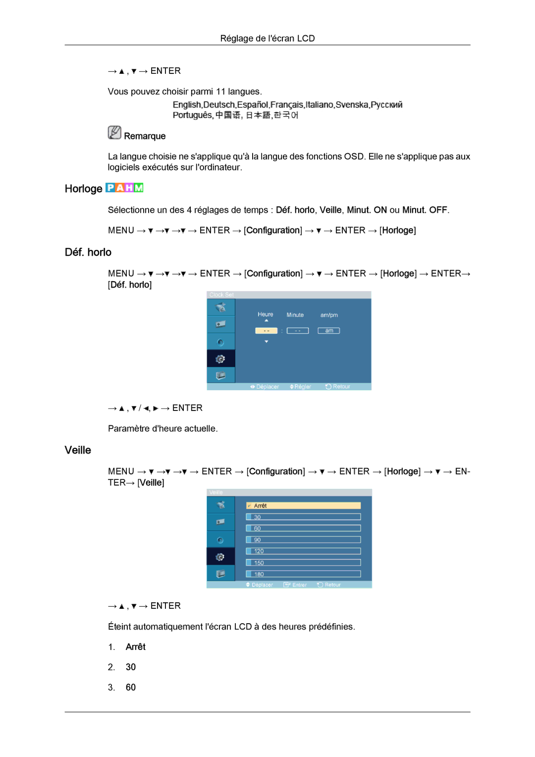 Samsung LH32TCTMBC/EN manual Horloge, Déf. horlo, Veille, Arrêt 