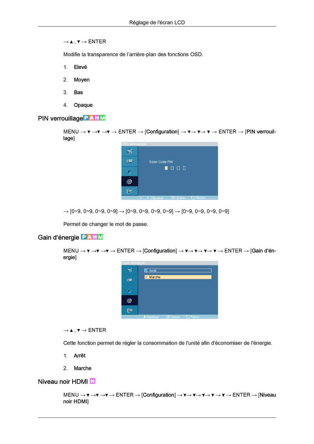 Samsung LH32TCTMBC/EN manual PIN verrouillage, Gain d’énergie, Niveau noir Hdmi, Elevé Moyen Bas Opaque 