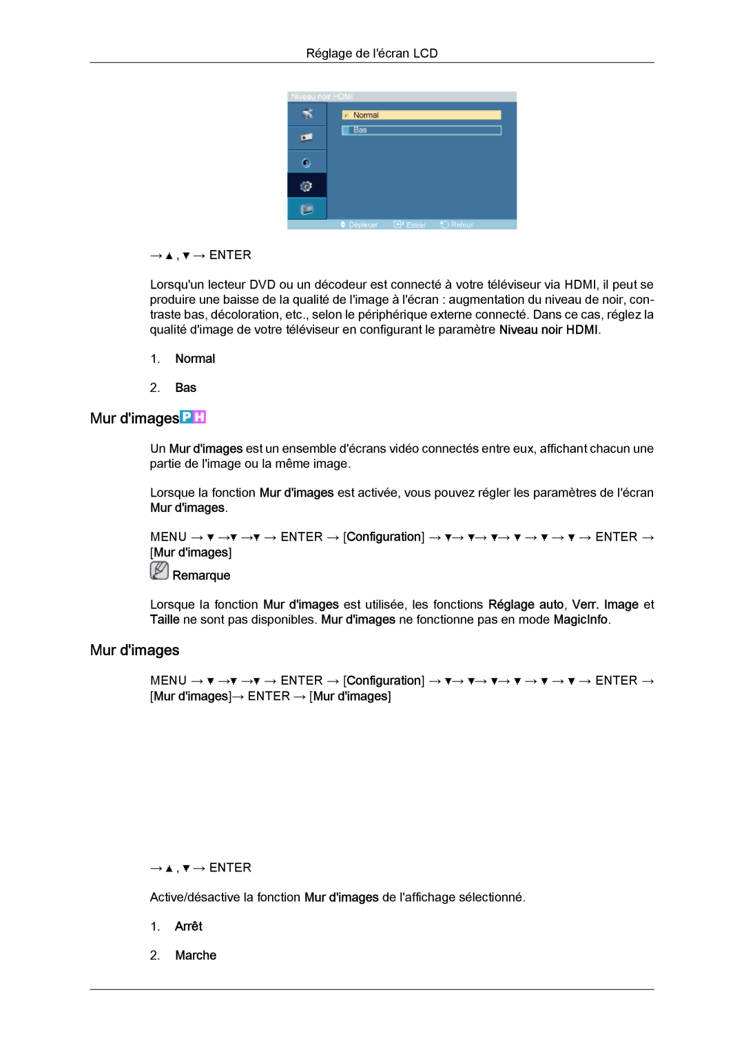 Samsung LH32TCTMBC/EN manual Normal Bas, Mur dimages Remarque, Mur dimages→ Enter → Mur dimages 