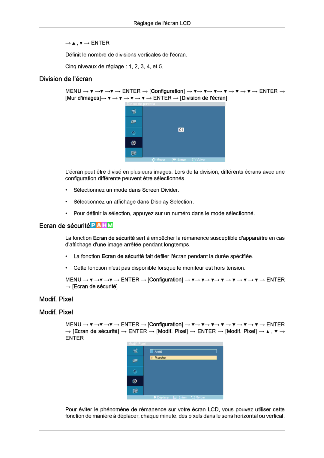 Samsung LH32TCTMBC/EN manual Division de lécran, Modif. Pixel, → Ecran de sécurité 