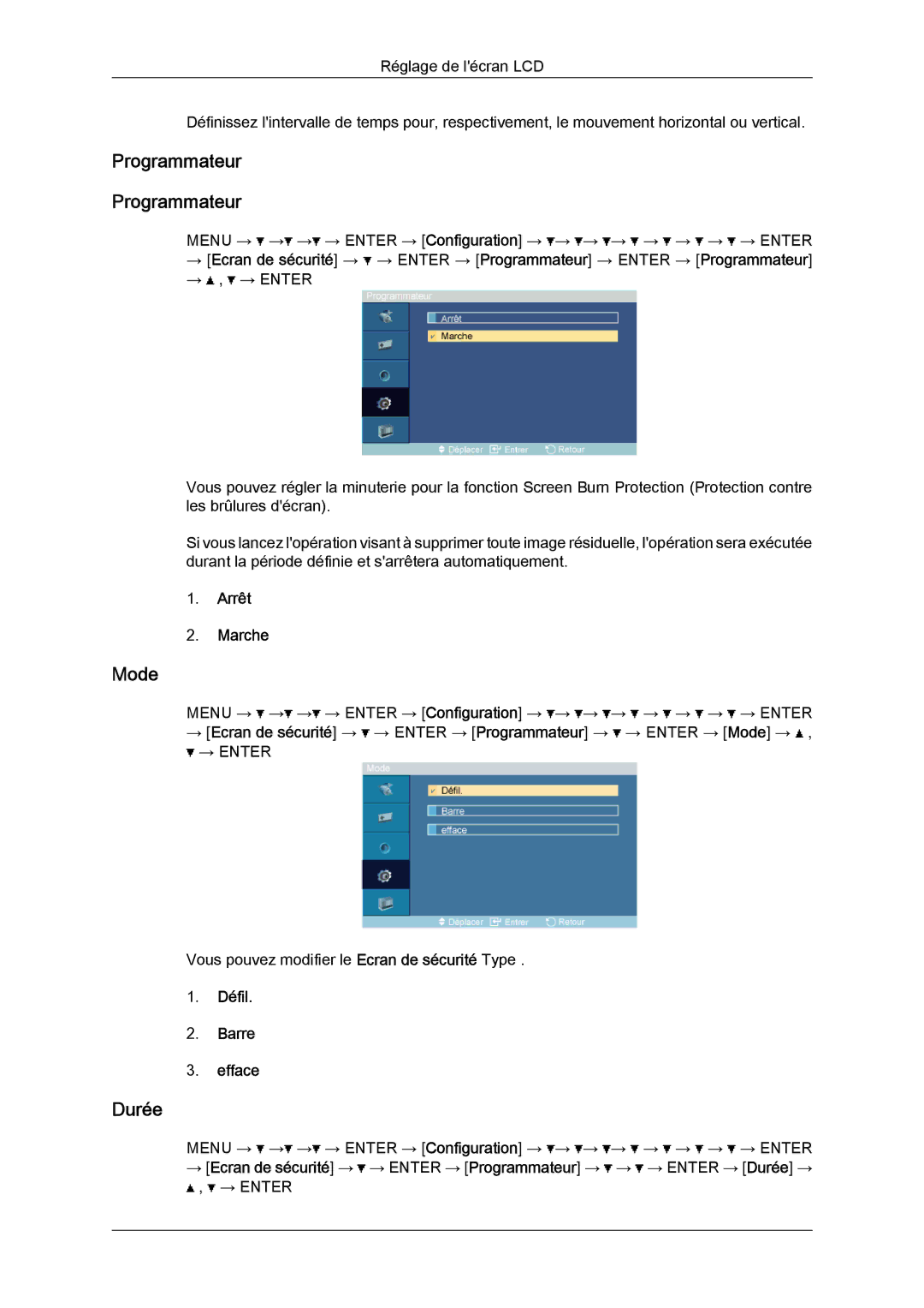 Samsung LH32TCTMBC/EN manual Programmateur, Durée, Défil Barre Efface 