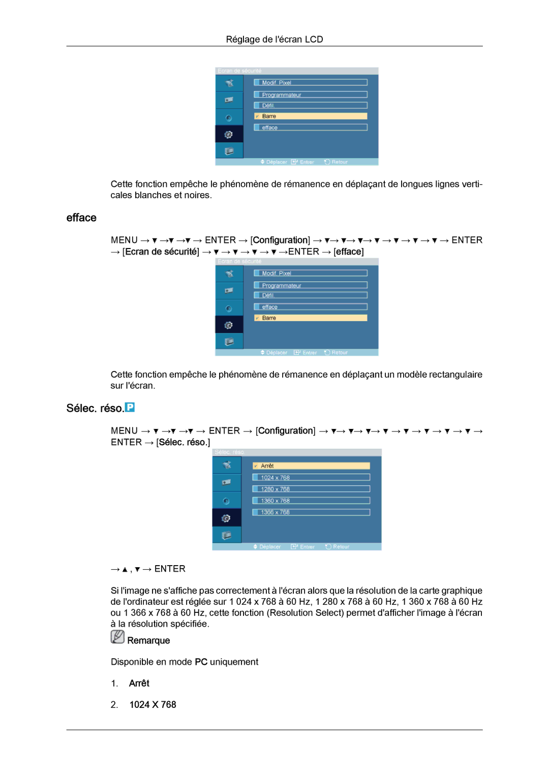 Samsung LH32TCTMBC/EN manual Efface, Sélec. réso, → Ecran de sécurité → → → → →ENTER → efface, Arrêt 1024 X 