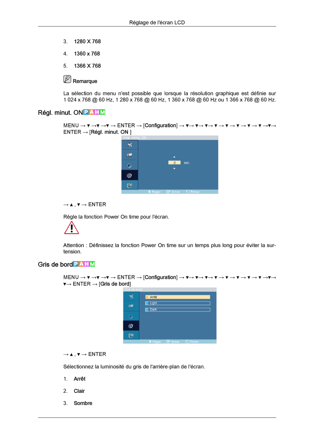 Samsung LH32TCTMBC/EN manual Régl. minut. on, Gris de bord, 1280 X 1360 x 1366 X Remarque, Arrêt Clair Sombre 