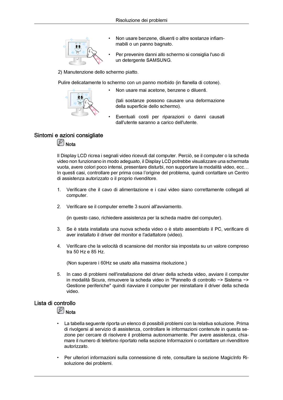 Samsung LH32TCTMBC/EN manual Sintomi e azioni consigliate, Lista di controllo 