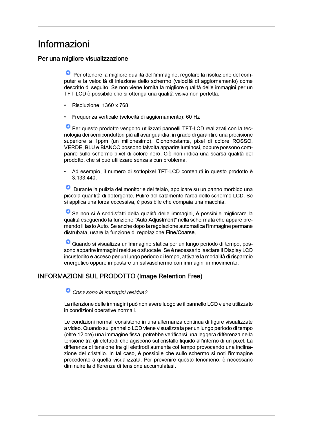 Samsung LH32TCTMBC/EN manual Per una migliore visualizzazione, Informazioni SUL Prodotto Image Retention Free 