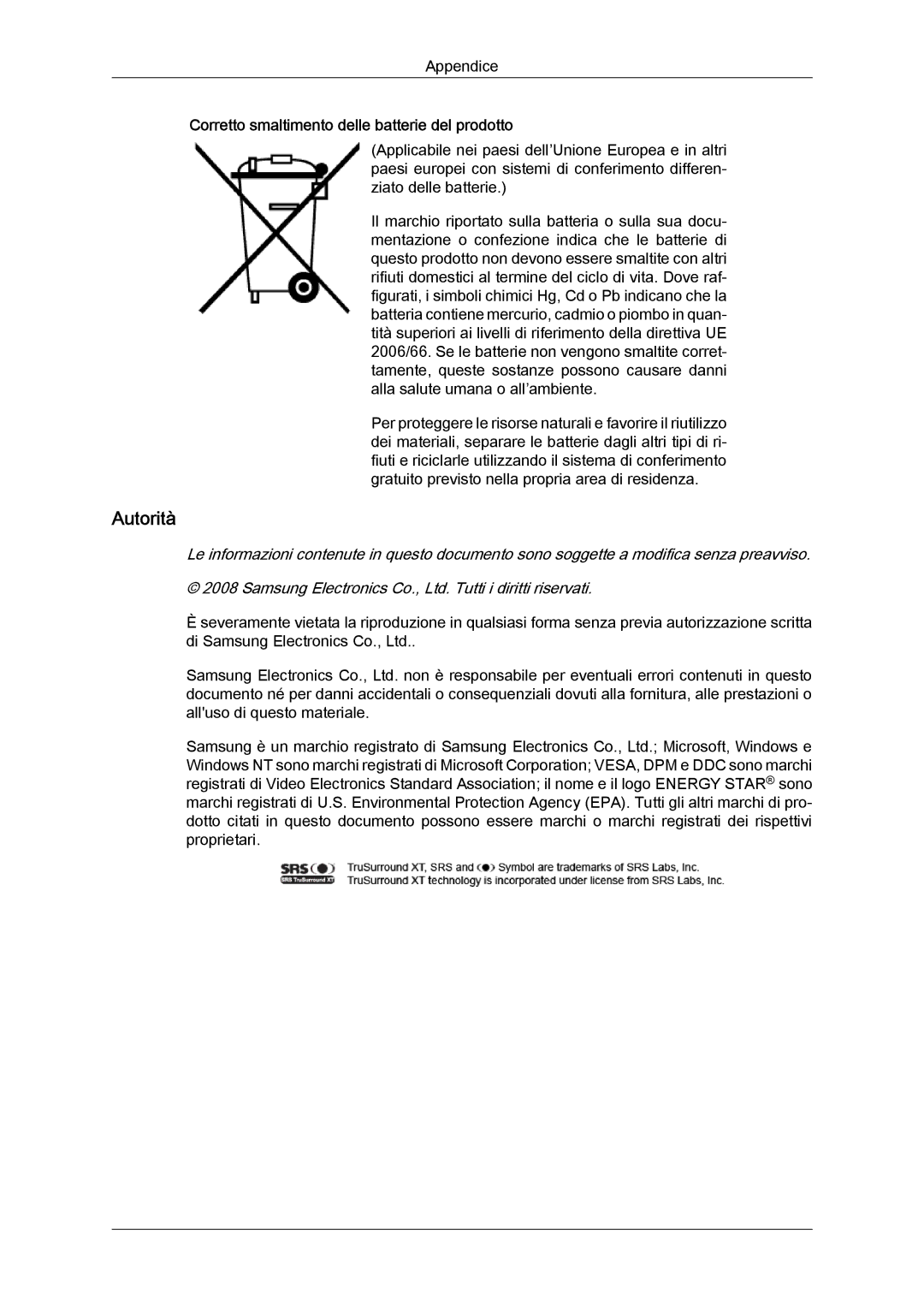 Samsung LH32TCTMBC/EN manual Autorità, Corretto smaltimento delle batterie del prodotto 