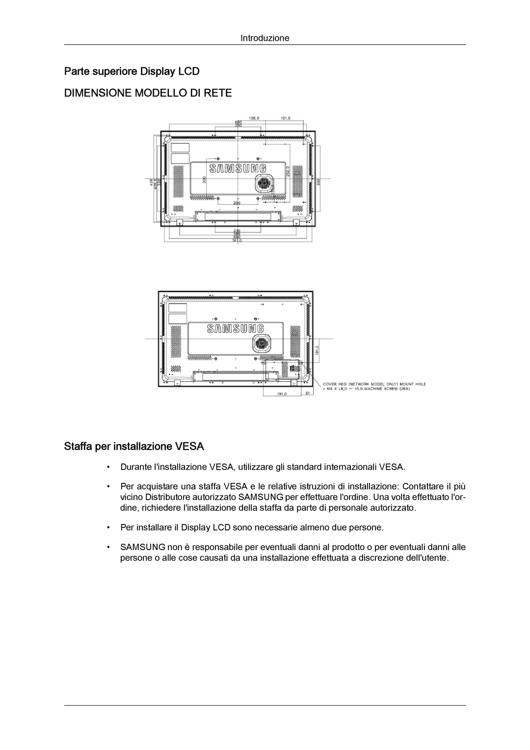 Samsung LH32TCTMBC/EN manual Parte superiore Display LCD, Staffa per installazione Vesa 