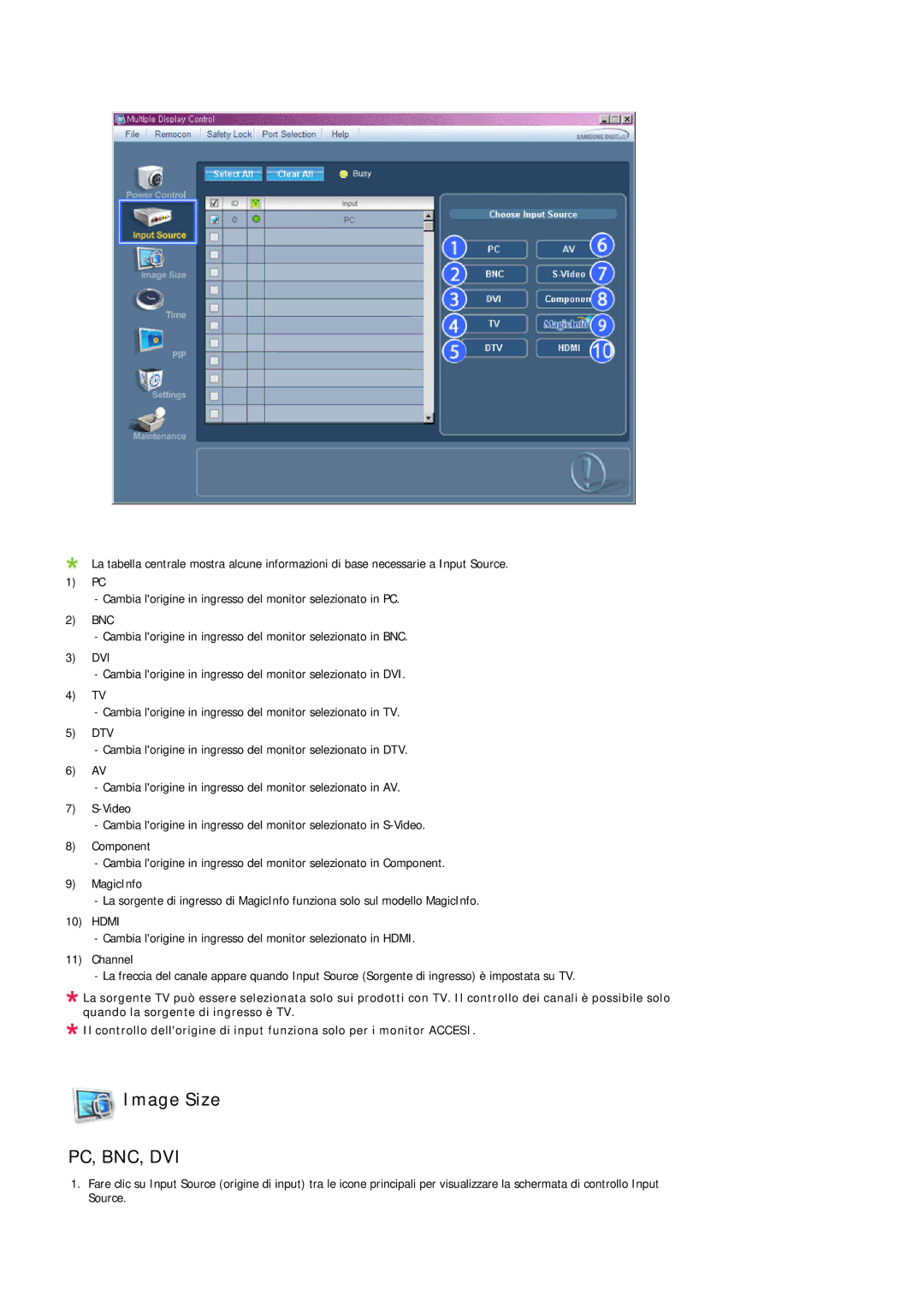 Samsung LH32TCTMBC/EN manual Image Size, Pc, Bnc, Dvi 