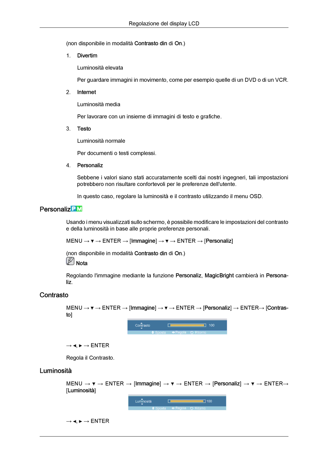 Samsung LH32TCTMBC/EN manual Personaliz, Contrasto, Luminosità 